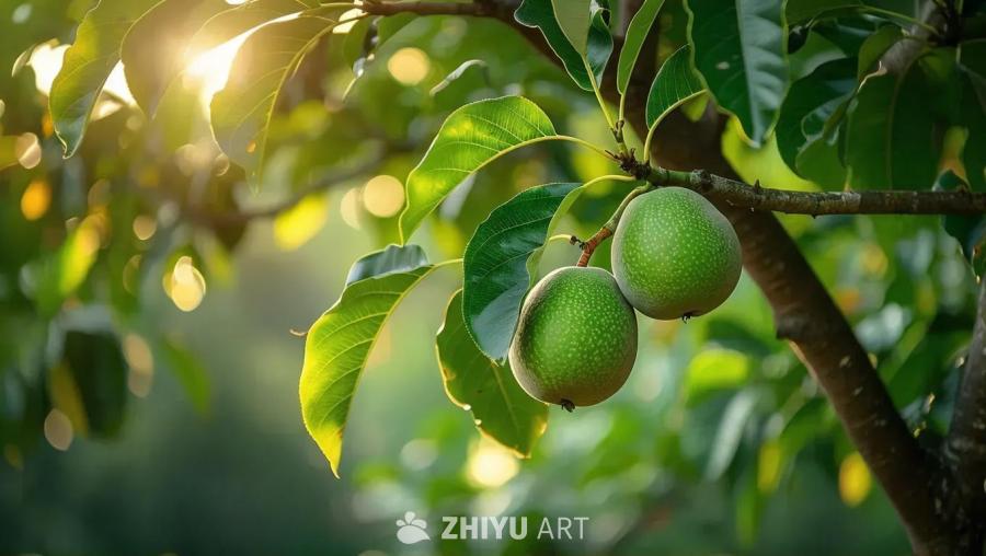 一颗番石榴树，树叶在风中摇曳。树上挂着绿色的果实，