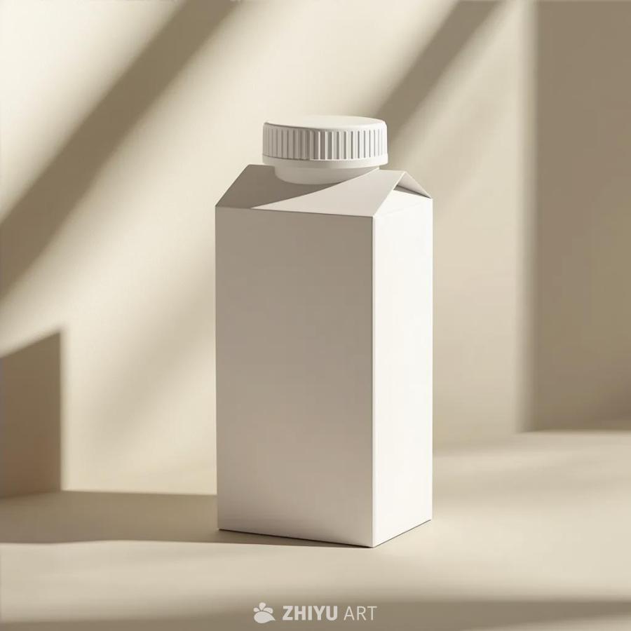 一个白色的3D果汁盒模型，带有螺旋盖，设计简洁，光