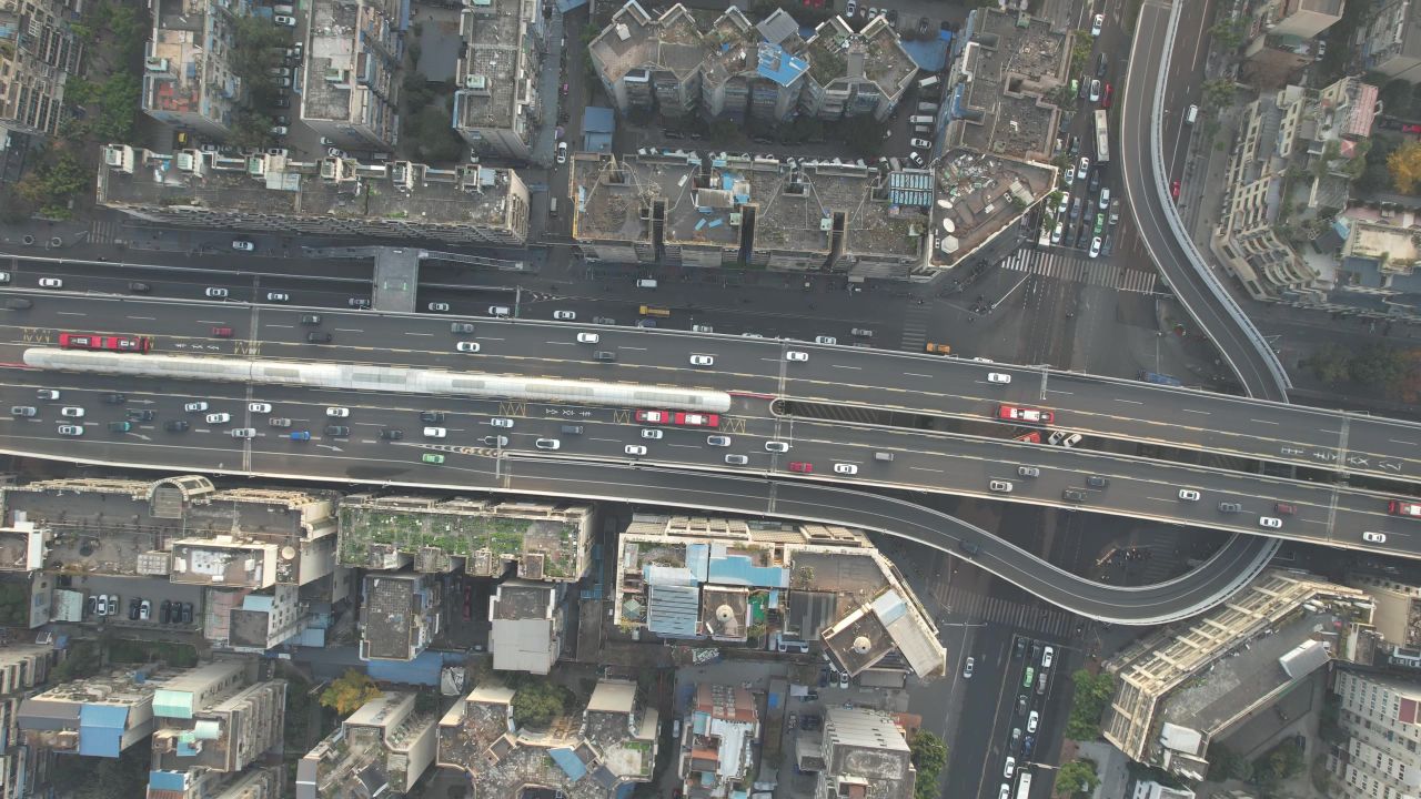 成都城市交通车辆行驶拥堵航拍