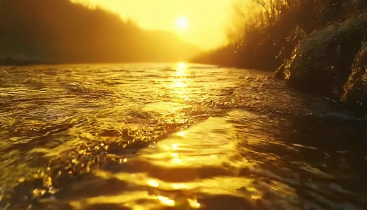河流在流动，水面反射着金色的光芒。太阳位于远方，光