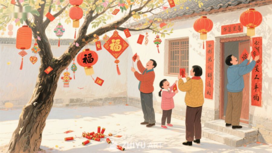 家庭欢庆春节，挂灯笼贴福字 493