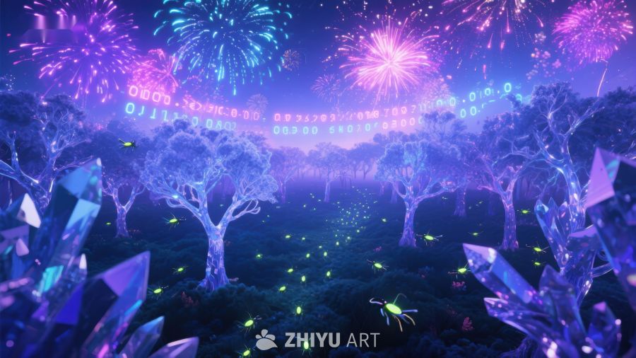 梦幻森林夜景，烟花与二进制代码交织 253