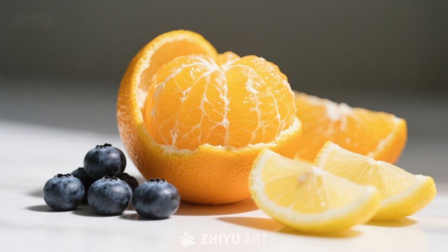 新鲜水果组合：橙子、蓝莓与柠檬