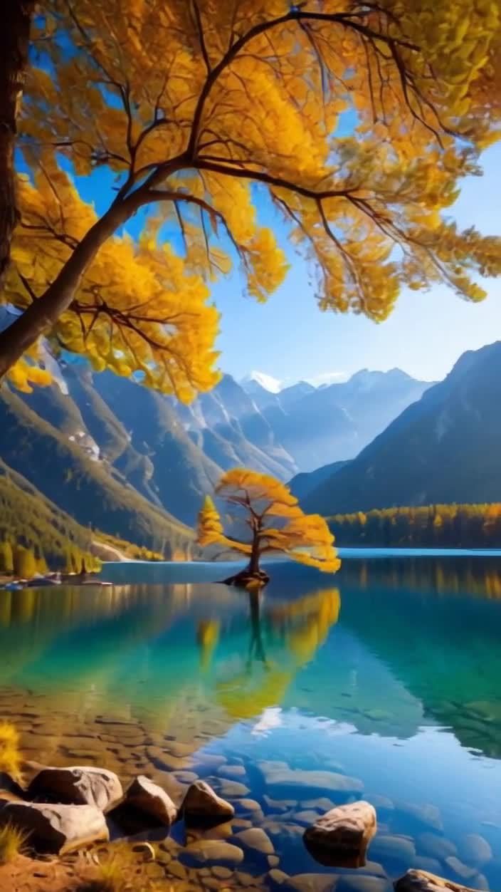 画面描绘了一幅秋日风景。一颗树冠金黄的大树位于画面