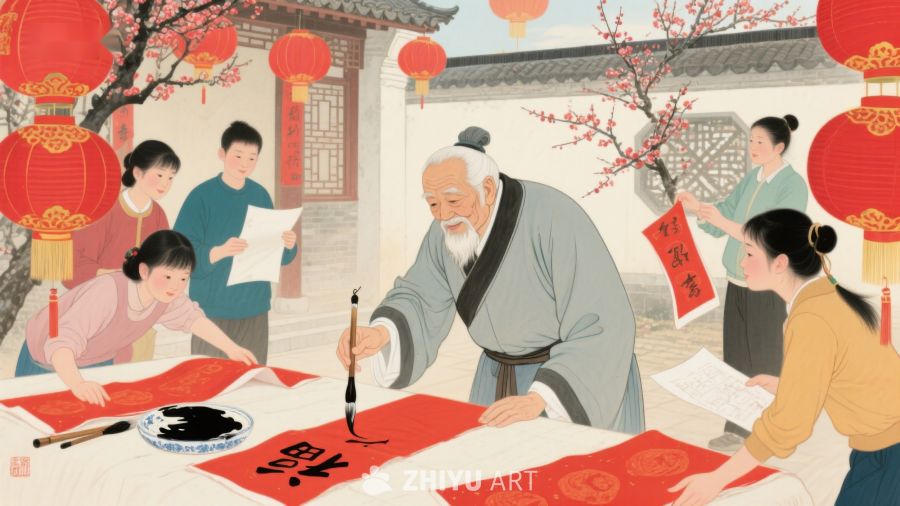 传统节日书写春联的温馨场景 71