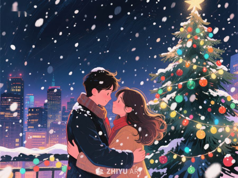 雪夜情侣在圣诞树下相拥 993