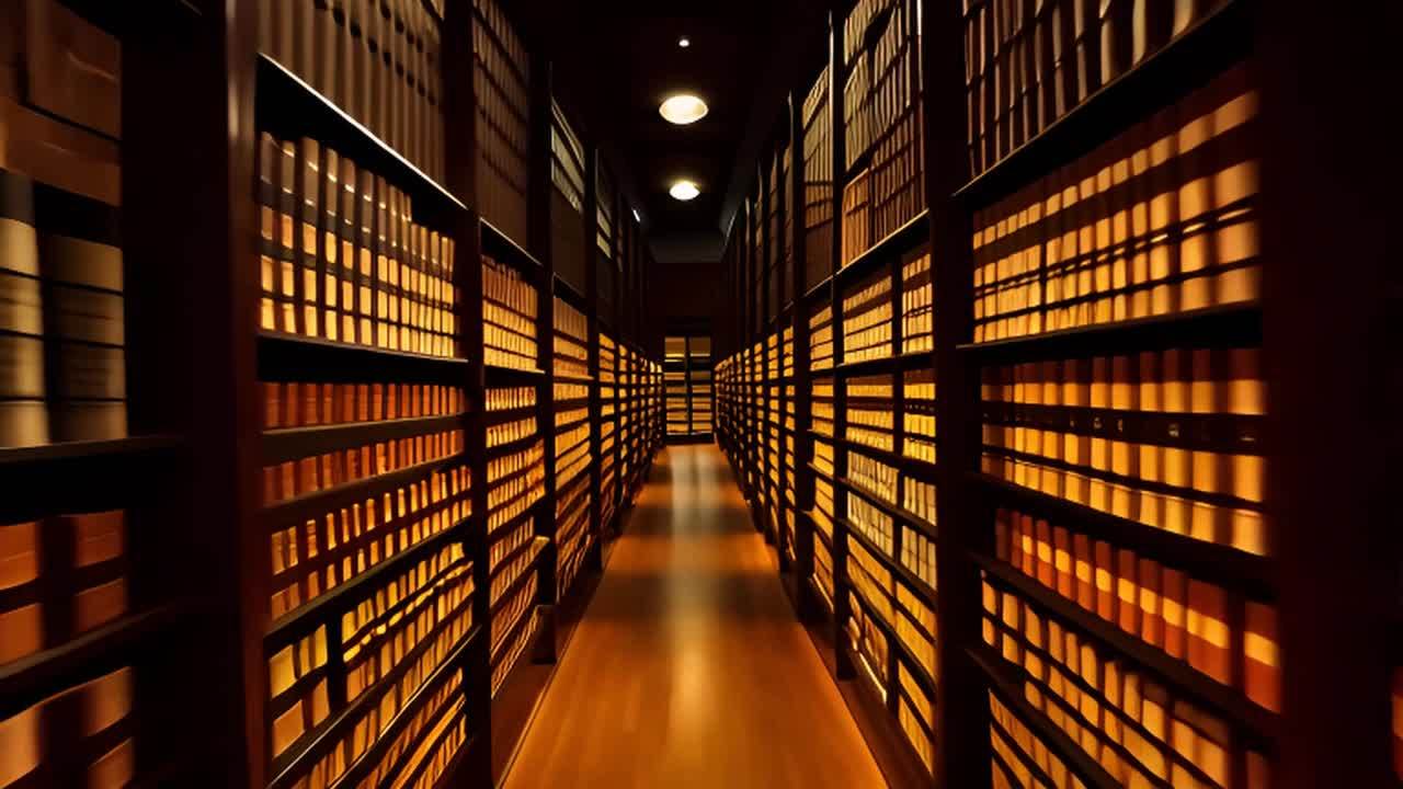 一个安静的图书馆内，书架上整齐排列着贴有标签的书籍