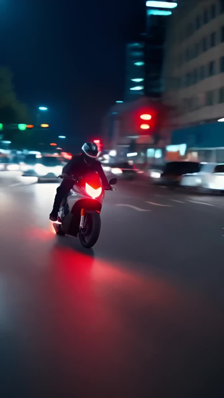 两名戴着头盔的摩托车手在夜间繁忙的道路上行驶，他们