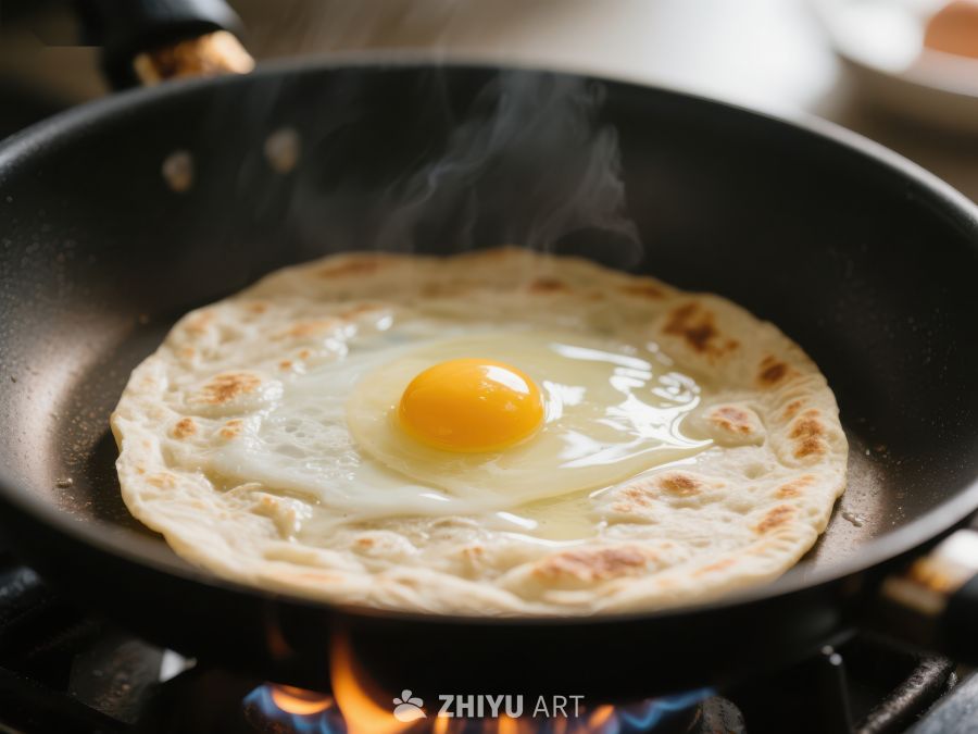 煎锅中的蛋饼烹饪 393