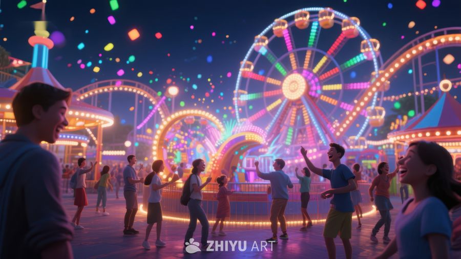 夜幕下的游乐园欢庆时刻 896