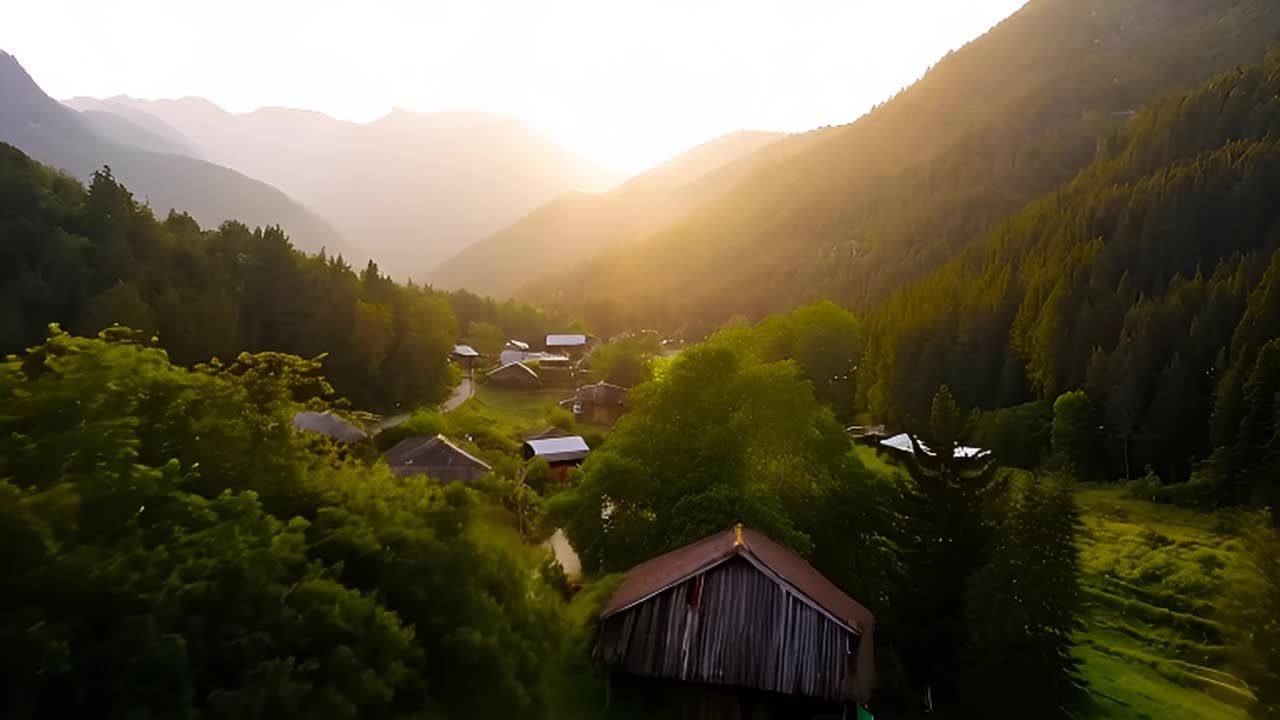 在某个时刻，一个小村庄坐落在广袤山脉和苍翠森林之间。镜头缓缓推进，展现出一幅宁静的景色：茂密的植被、巍峨的山峰、古朴的小屋和蜿蜒的小径。清晨的光线透过树木，柔和地照耀着这个村庄。