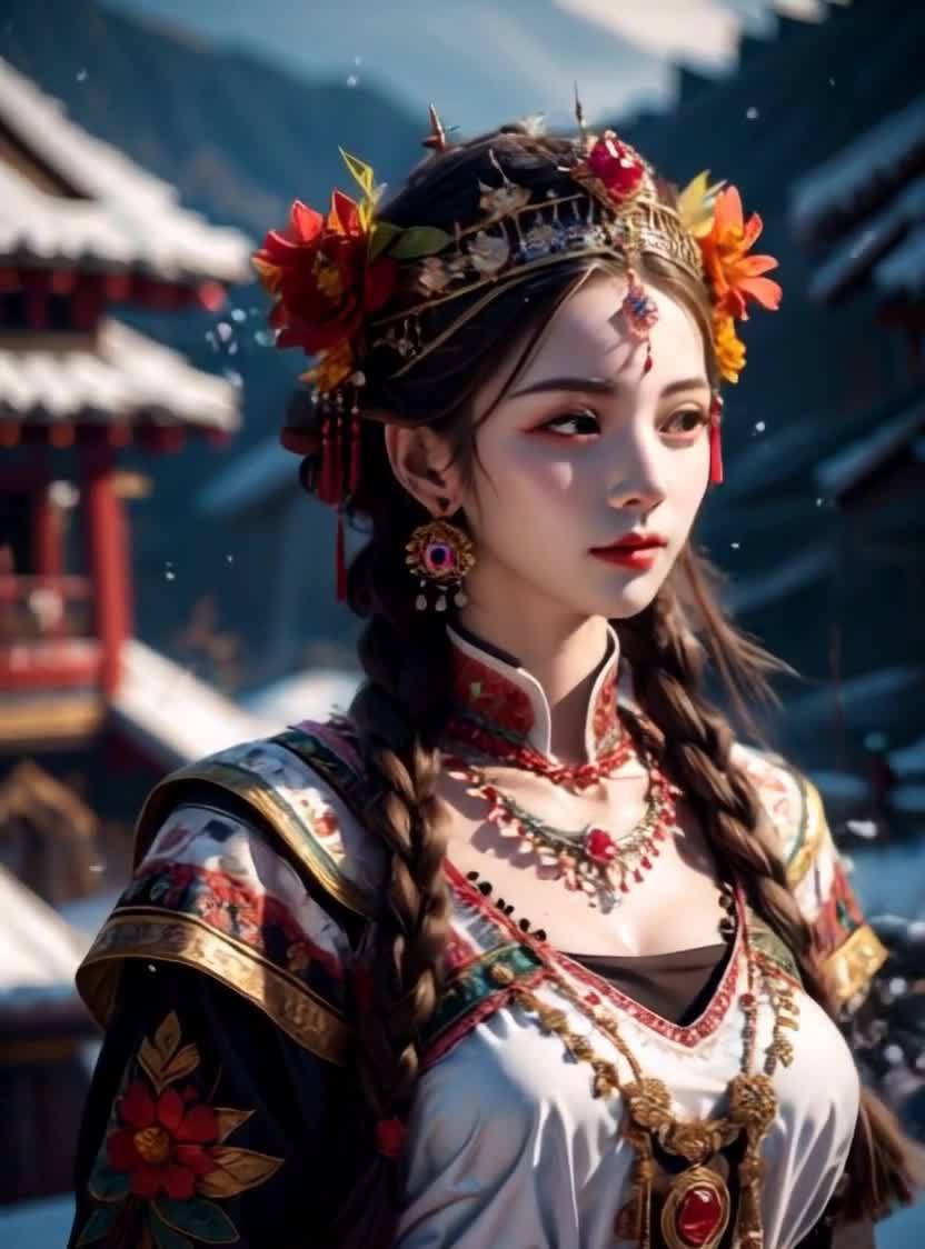 一位身着传统服饰的女子，佩戴着花朵发饰和精致的珠宝
