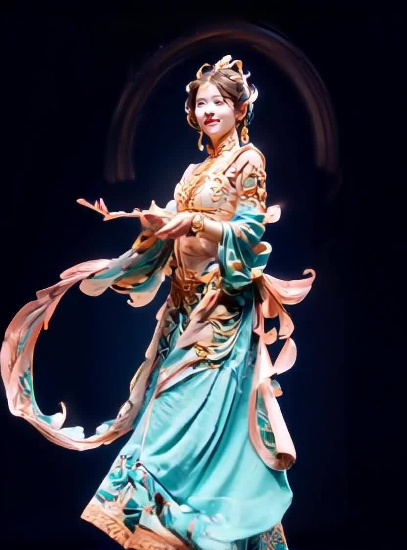 敦煌风服饰女子金饰蓝裙舞动飘逸