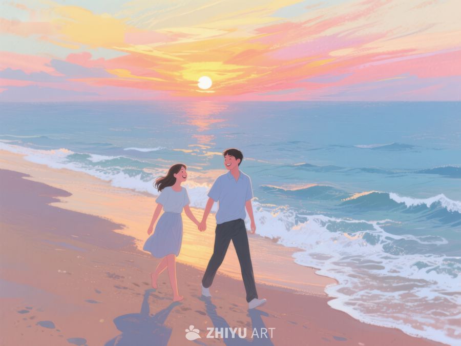 海滩漫步的年轻情侣 288