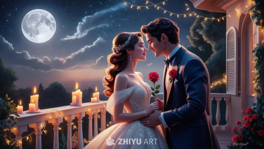 在布满星星的夜空下，一对身着礼服的夫妇站在阳台上。