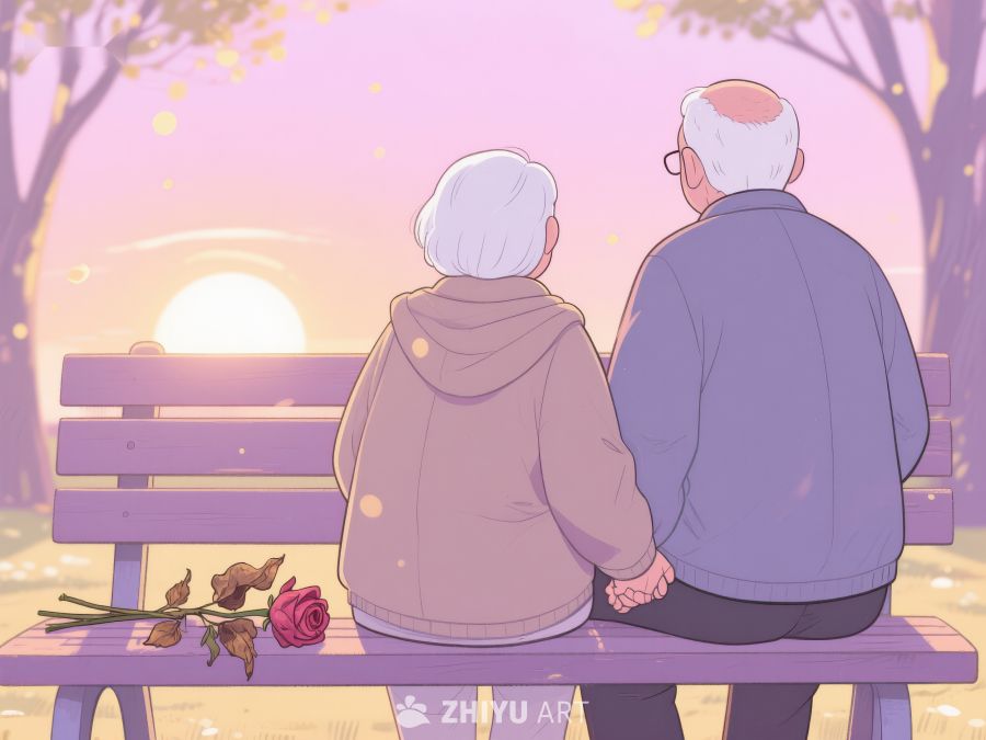 夕阳下老人并肩坐在长椅上 944