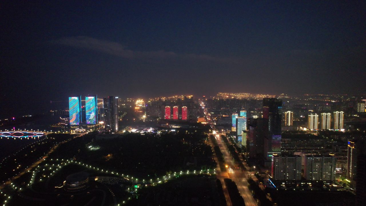 山东日照城市夜景灯光航拍  