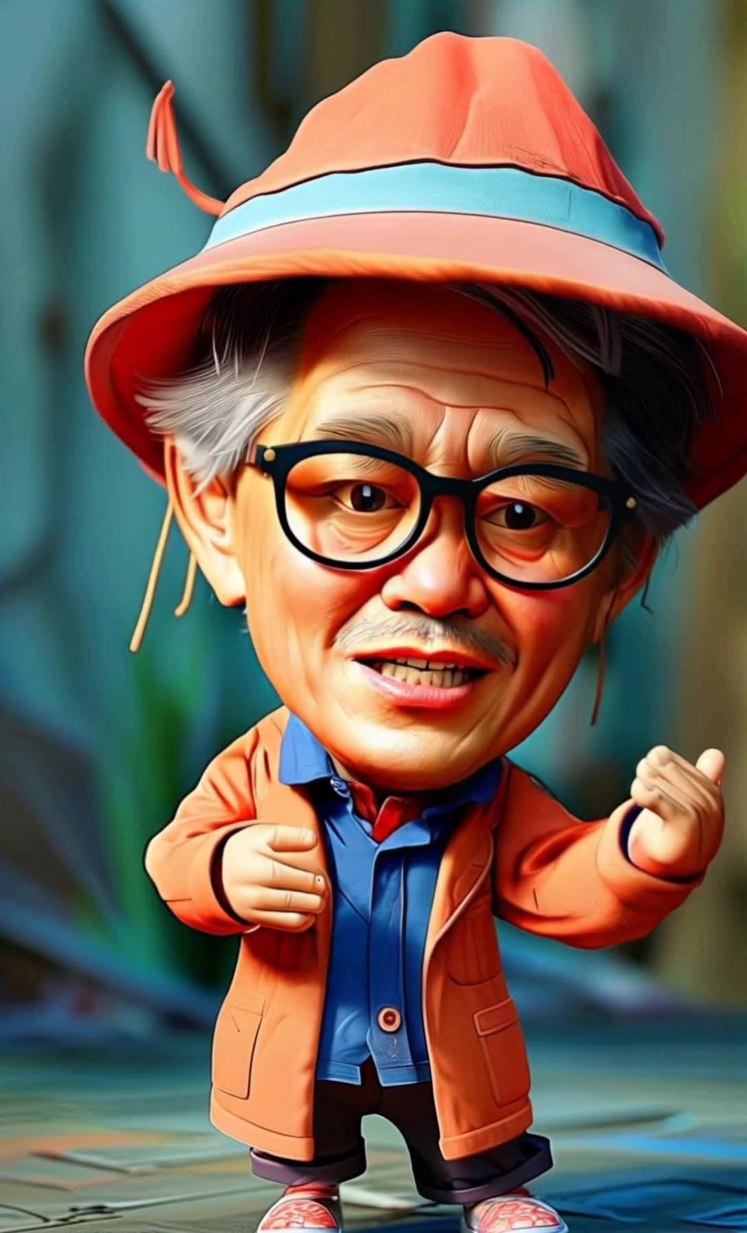 卡通风格老年男性，戴帽戴眼镜，微笑肖像画。