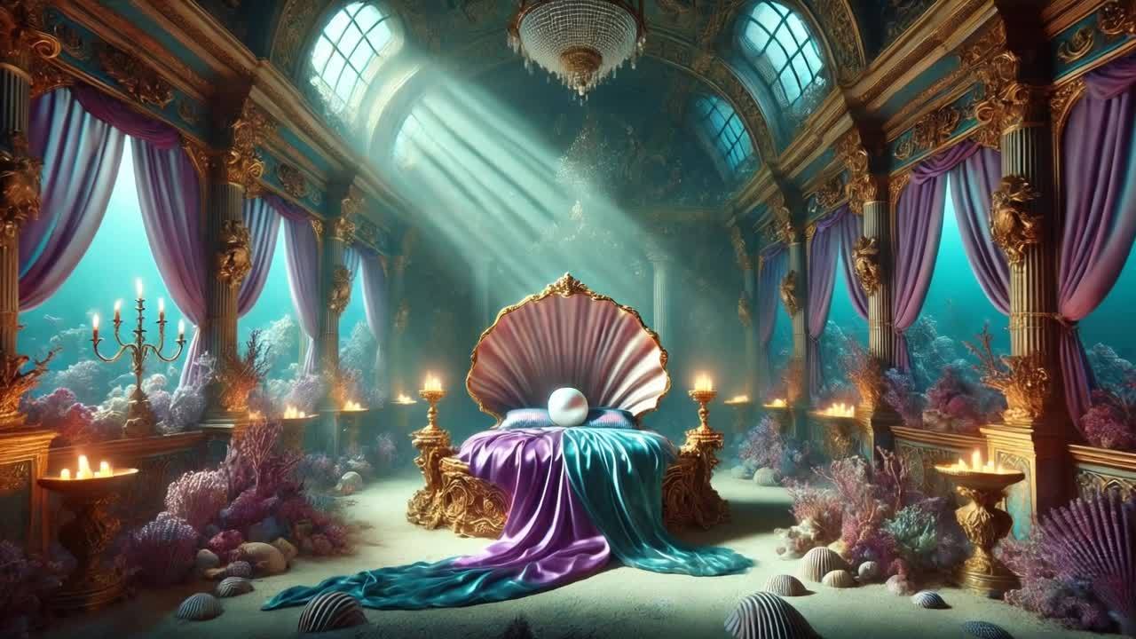 房间内部，透过窗户可见外部海洋，阳光穿过窗户，照射