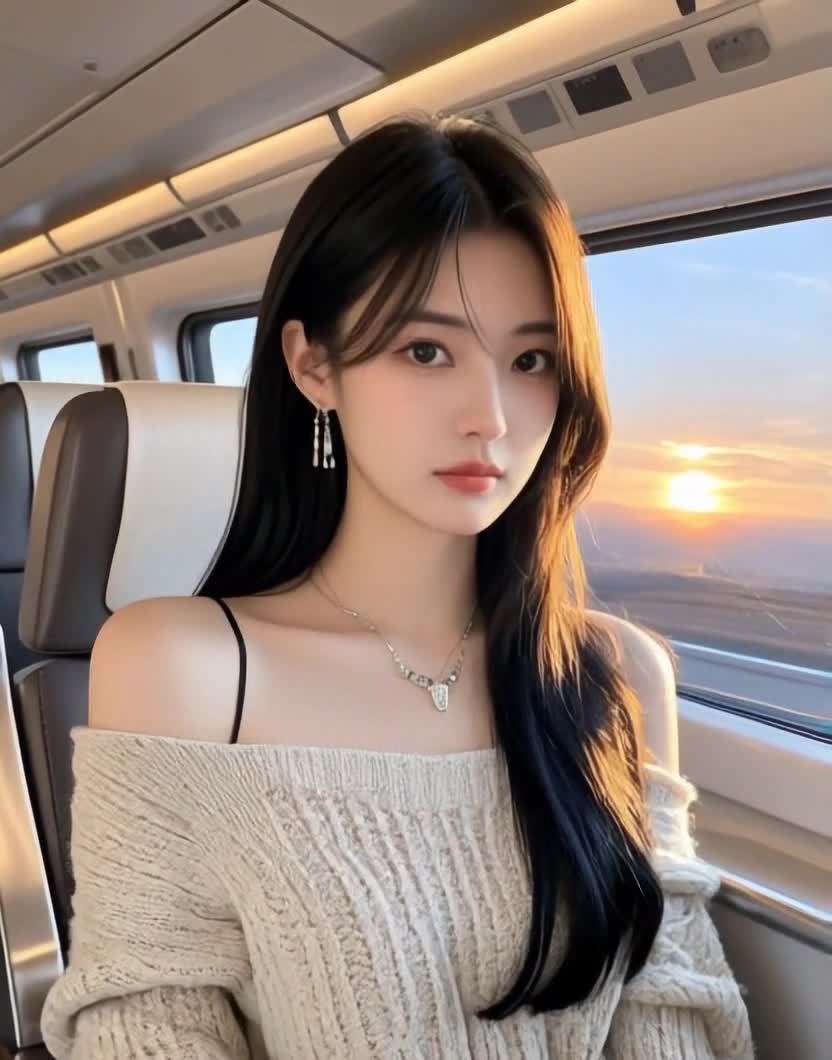 高铁车厢内的年轻女子，夕阳下的浪漫旅程