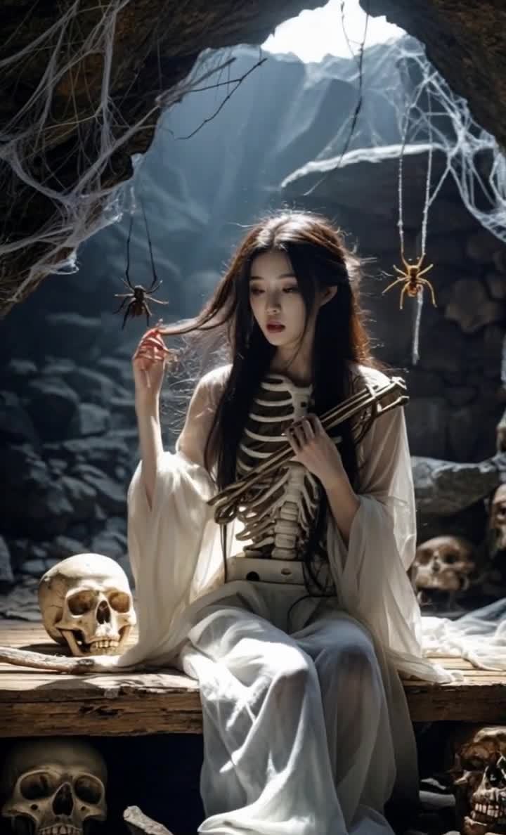 一名女子坐在一个洞穴里，身上穿着白色的衣服。她长发