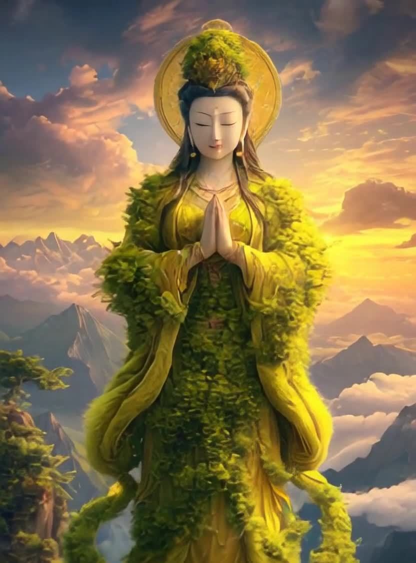 云雾山峦绿袍雕像双手合十光环日落