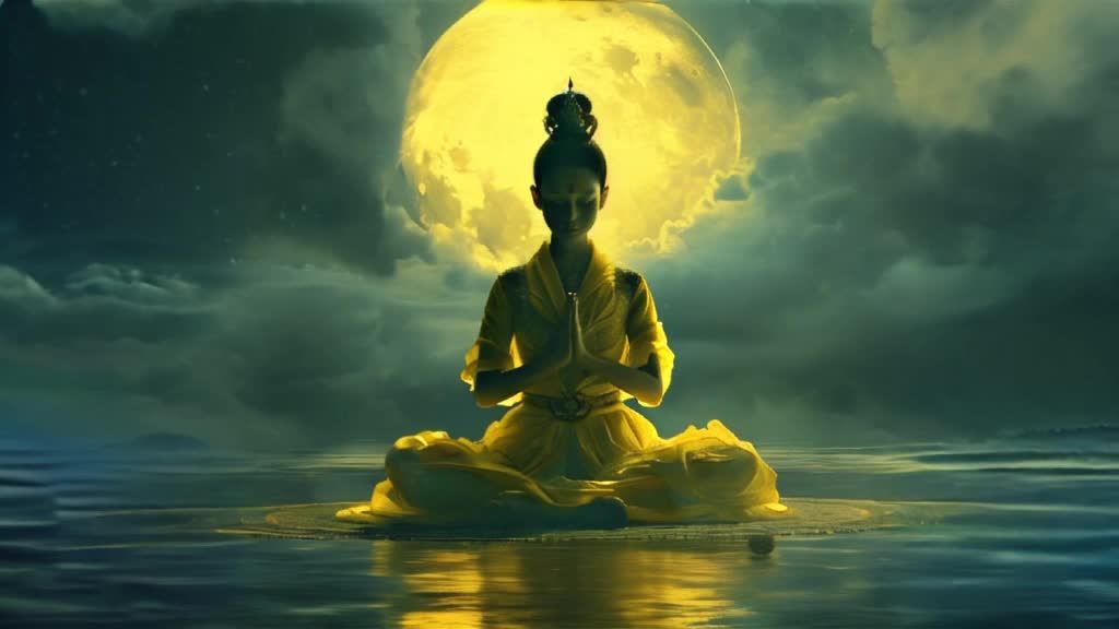一个穿着黄色衣服的人坐在一片水面上，双手合十，背景