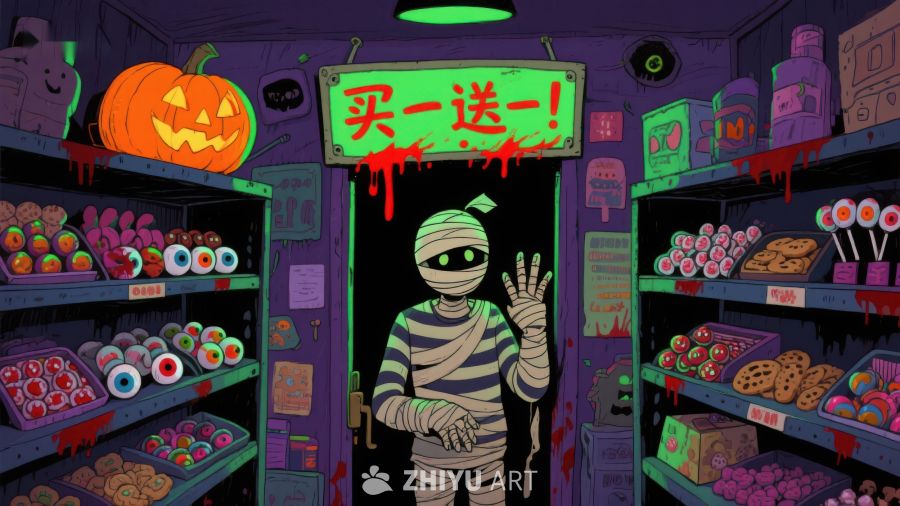 万圣节主题商店，木乃伊促销员