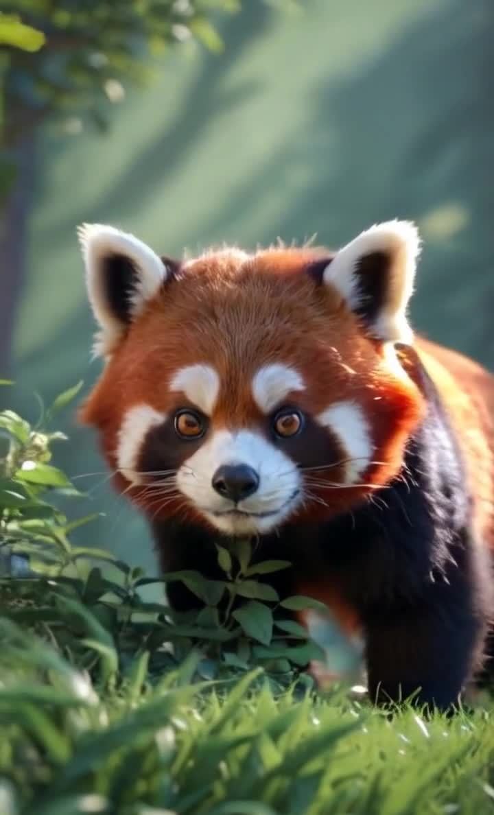 红棕色小熊猫凝视镜头，绿草与背景朦胧。