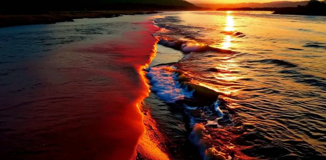 夕阳下金红河水波光粼粼，山影映照美景画卷。