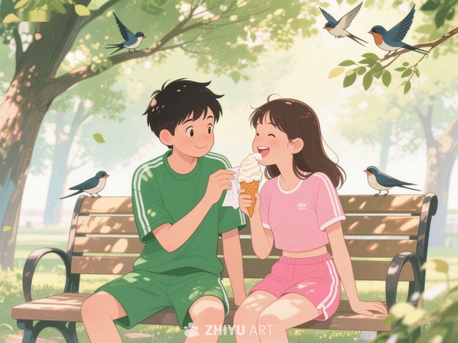 公园长椅上分享冰淇淋的两人 228