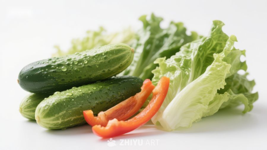 新鲜蔬菜组合：黄瓜、生菜与红椒