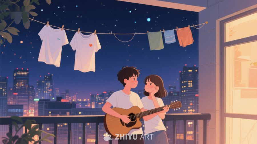 夜景阳台上的吉他时光 563