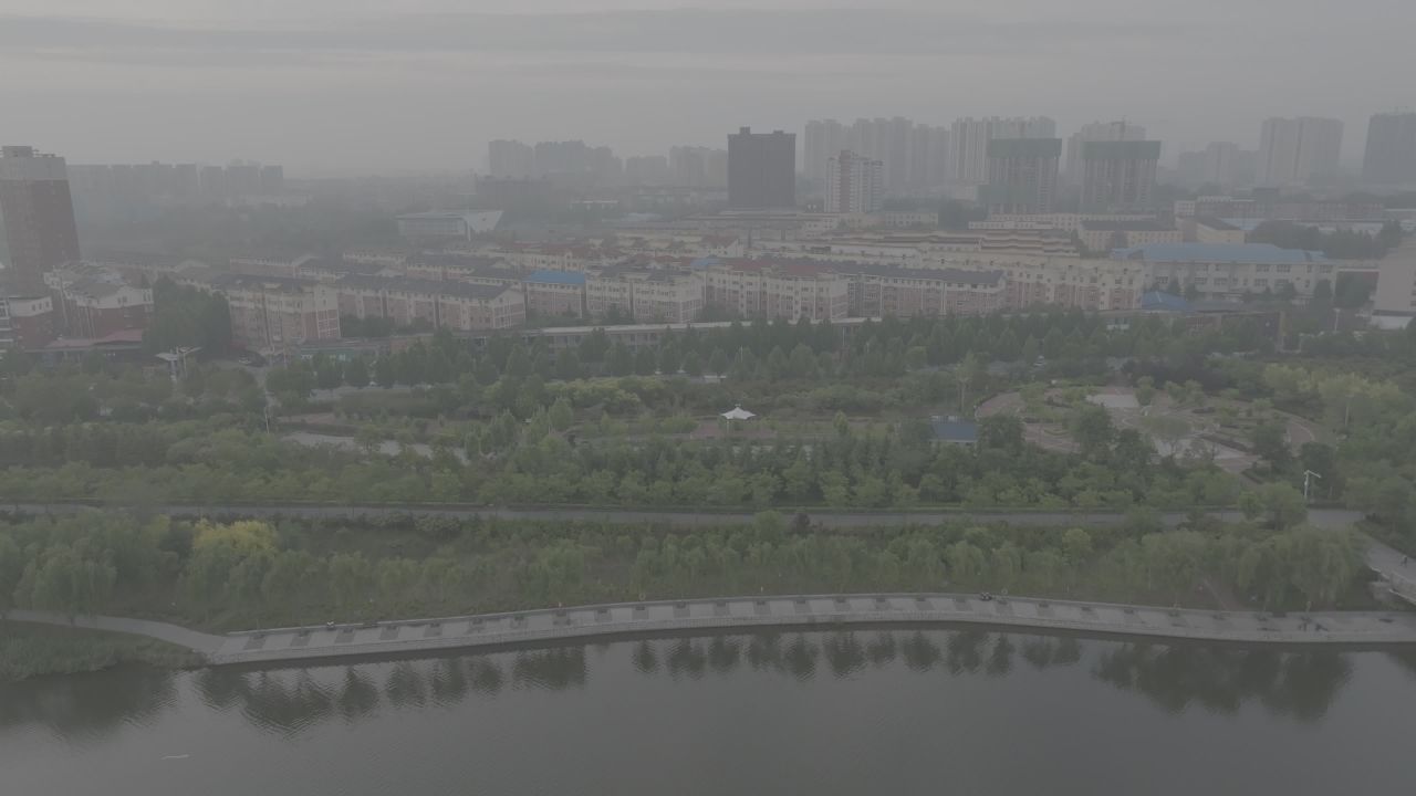 城市公园晨雾