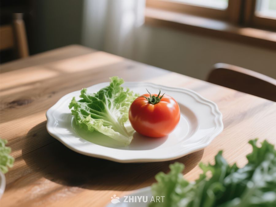 新鲜番茄与生菜置于白色盘中 198
