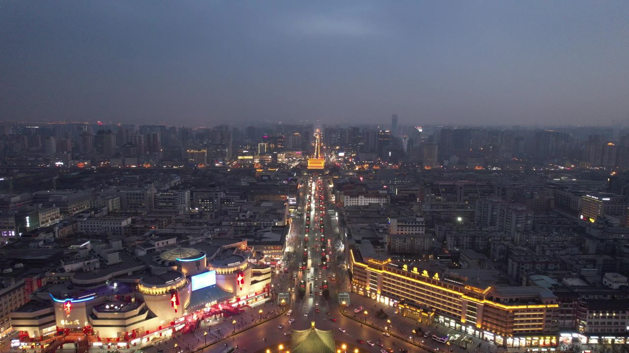 陕西西安钟楼夜景航拍