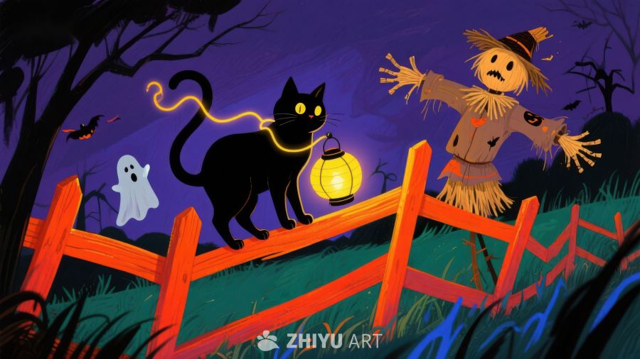 万圣夜黑猫与稻草人