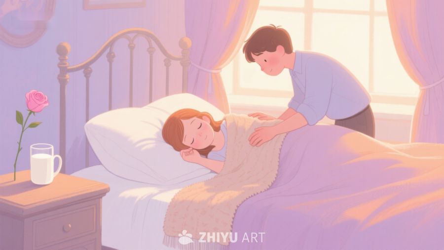 床边关怀：男子轻抚熟睡女子 95