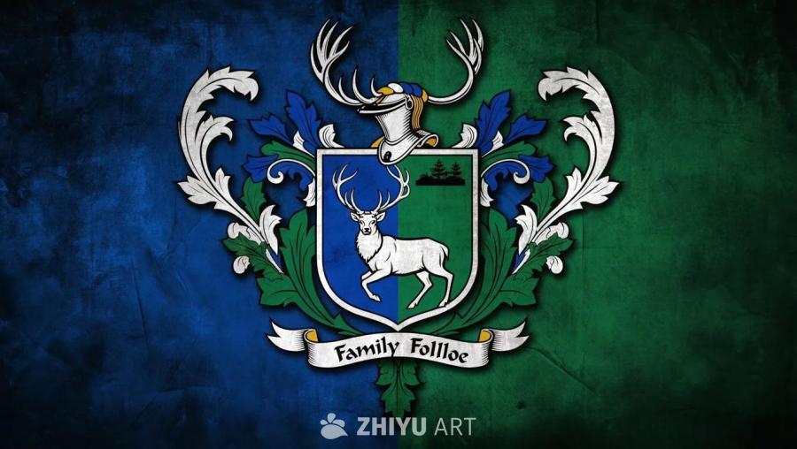 盾徽以深蓝色、白色和绿色为主色调，展示了一个家族徽