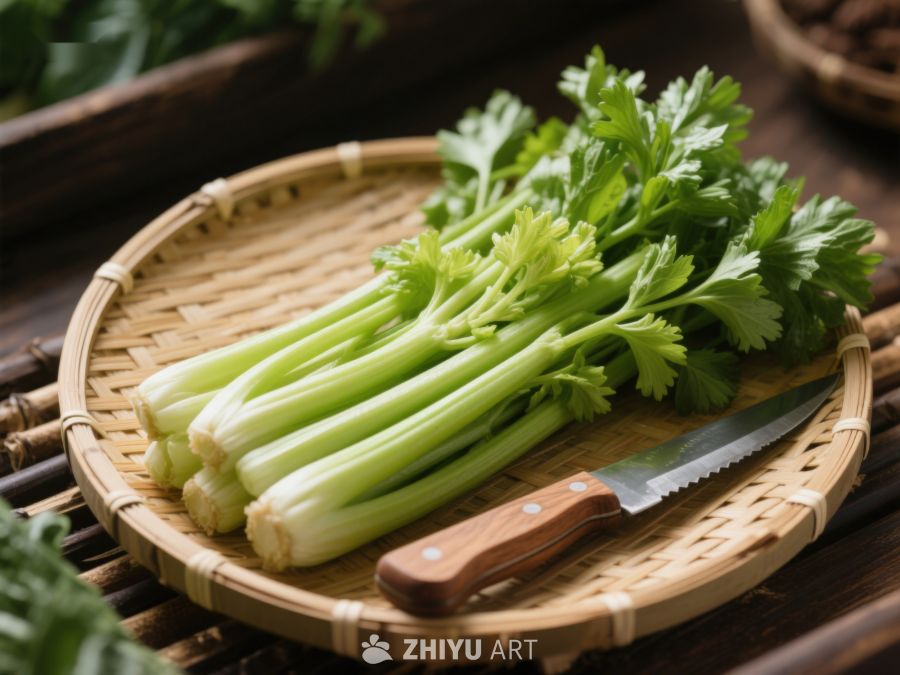 新鲜芹菜置于竹篮，配以木柄刀具 481