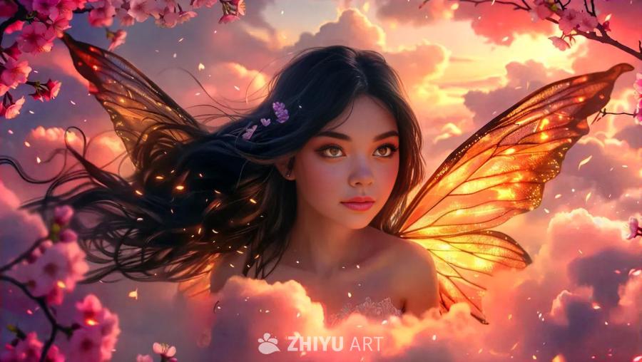 一位有着长长的、黑色飘逸头发的奇幻少女，燃烧般的橙
