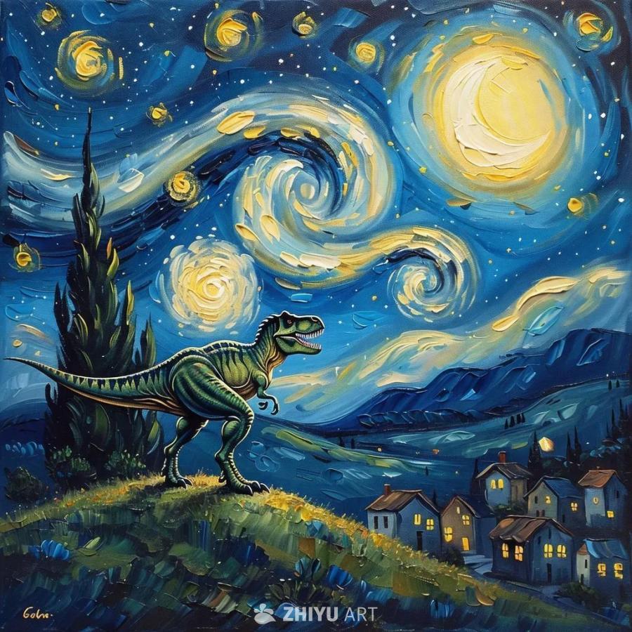 山丘上有一幅霸王龙的画，背景是漩涡状的夜空。背景中