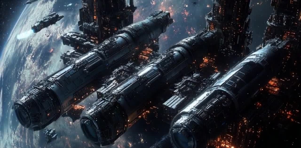 三个大型工程空间站位于星际港口附近，背景是地球。工