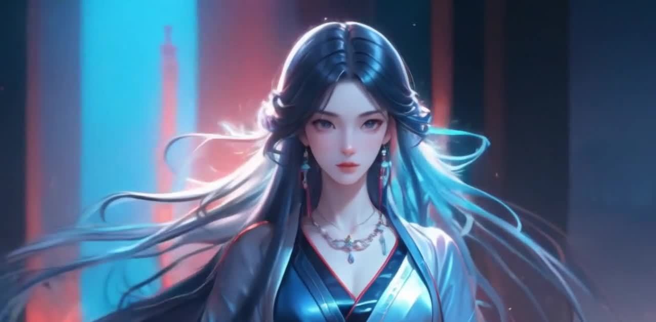 一名长发女性站在画面中央，她穿着蓝色和银色的服装，