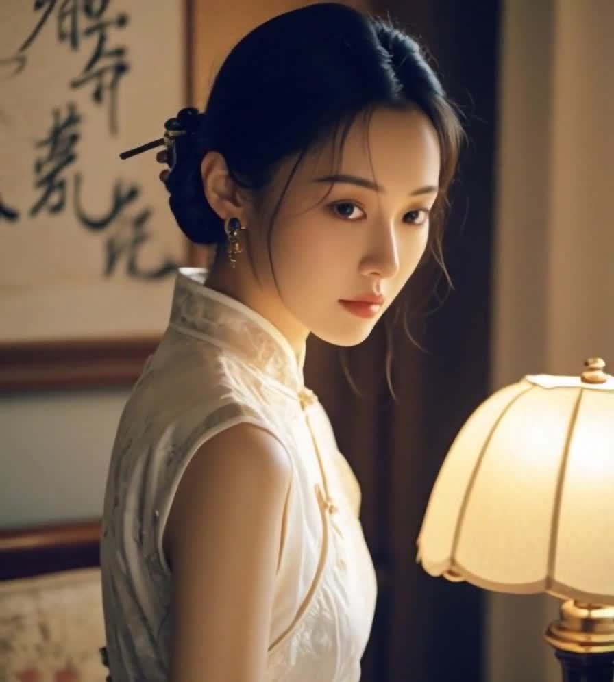 一位女性侧身看着镜头，她穿着一件浅色旗袍，头发盘起