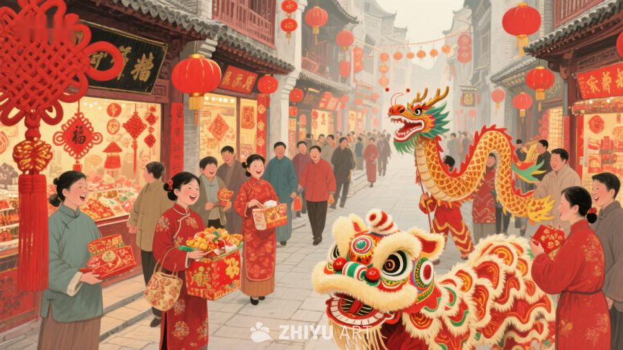 热闹春节街景与舞龙舞狮 762