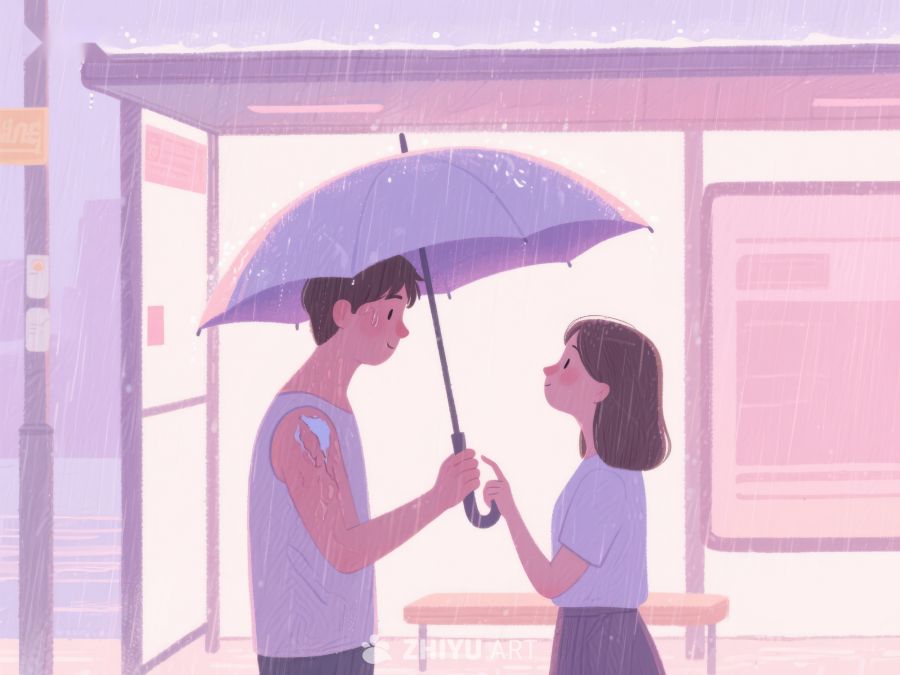 雨中公交站的温馨瞬间 1151