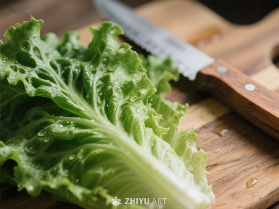 新鲜生菜与刀具置于木砧板上 513