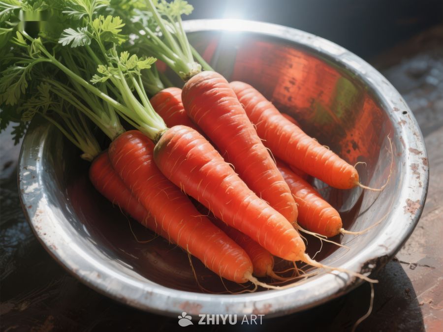 新鲜胡萝卜置于金属碗中 230