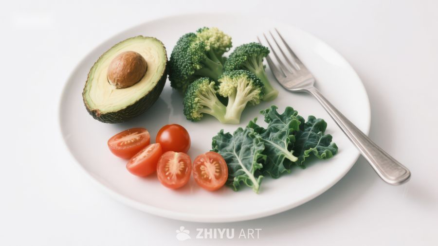 健康餐盘：鳄梨、西兰花、樱桃番茄和羽衣甘蓝